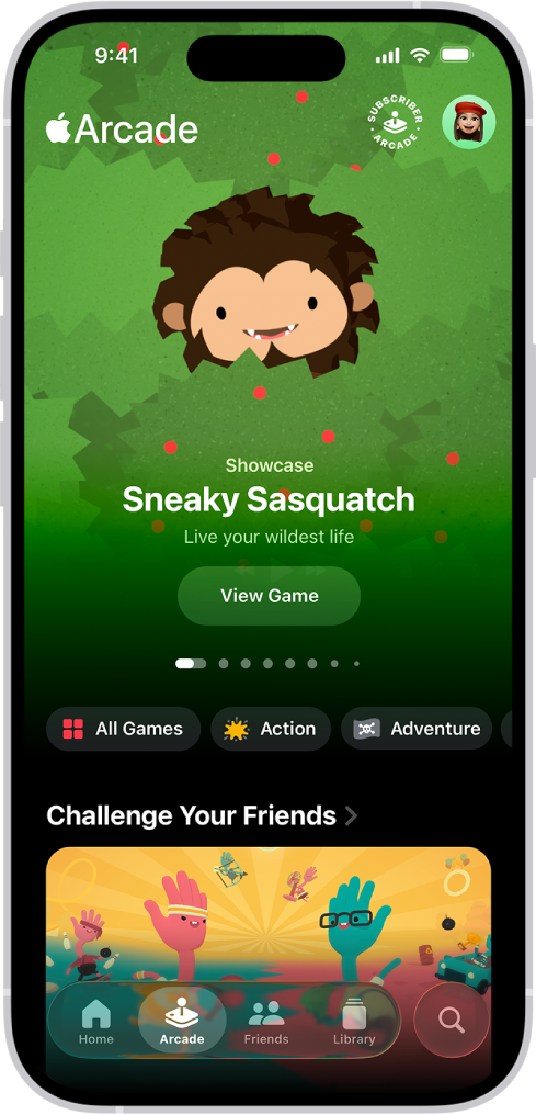 Apple Games ઍપમાં Arcade ટૅબ બતાવેલું છે જેમાં બતાવવામાં આવી રહેલી ગેમ માટે પ્રમોશનલ આર્ટ દર્શાવેલી છે. સ્ક્રીનમાં નીચે હોમ, Arcade, મિત્ર, લાઇબ્રેરી અને સર્ચ માટે ટૅબ છે. Arcade ટૅબ સિલેક્ટ કરેલું છે.