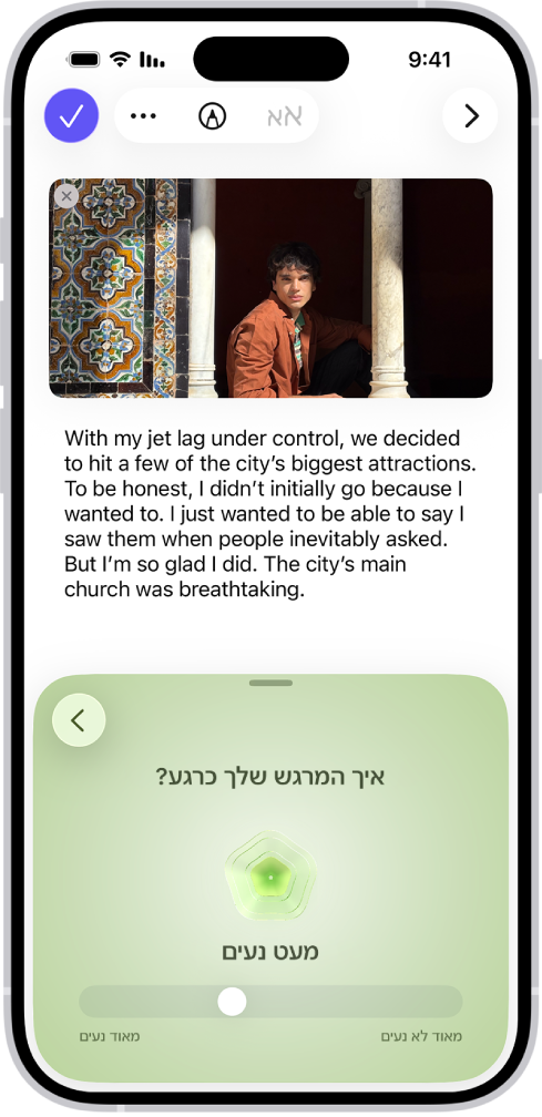 מסך ביישום ״יומן״ שבו מופיע רישום עם מקטע בתחתית הרישום שנועד לתיעוד הלך הרוח.