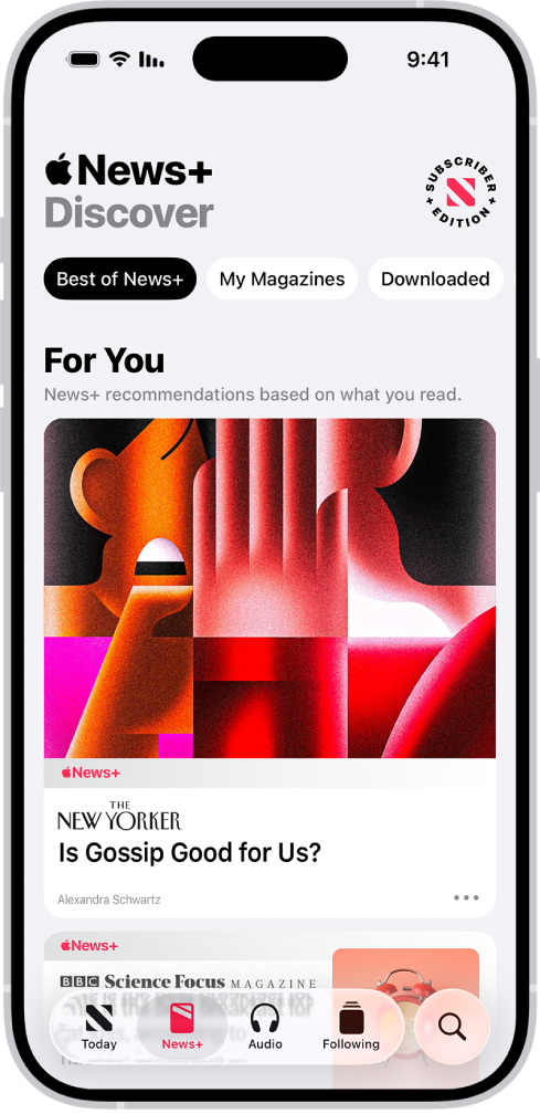כתבת מגזין מתוך Apple News+‎. בכרטיסיות שלמטה, נבחר News+‎.