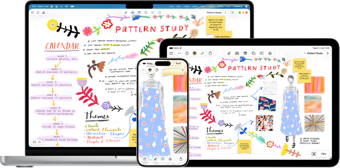 Mac, iPad ו-iPhone עם אותו לוח Freeform פתוח.