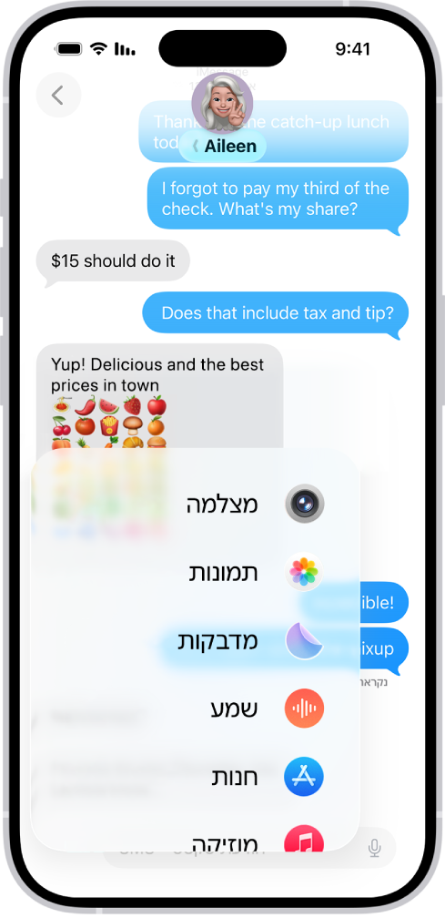 רשימה של מאפיינים שמופיע אחרי הקשה על הכפתור ״הוספה״ בשיחה ב״הודעות״.
