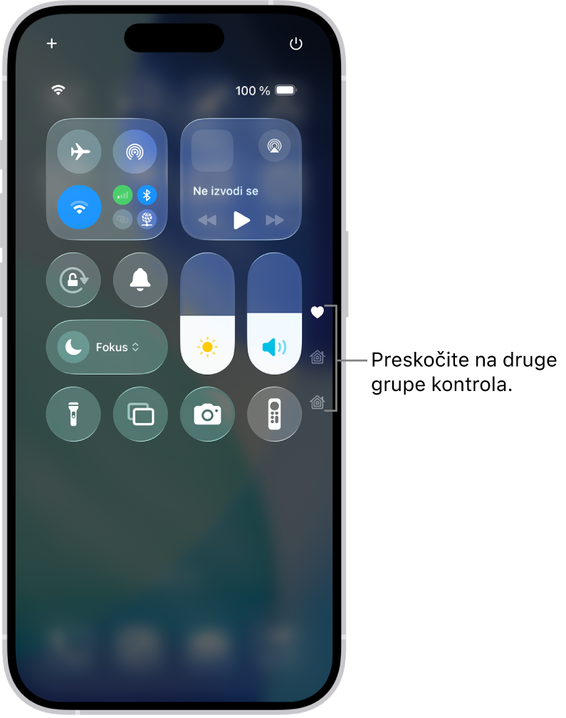 Kontrolni centar otvoren na zaslonu iPhonea, s ikonama na desnoj strani za gledanje drugih grupa kontrola.