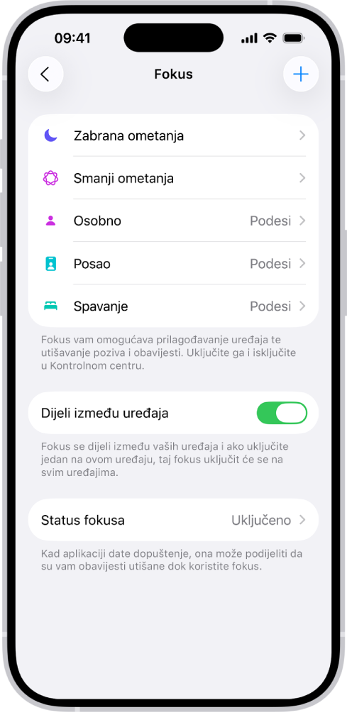 Zaslon prikazuje pet ponuđenih opcija fokusa: Zabrana ometanja, Bez poruka tijekom poziva, Spavanje, Osobno i Posao. Uključena je opcija Dijeli između uređaja, čime se omogućava uporaba istih postavki fokusa na svim vašim Apple uređajima.