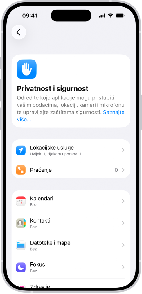 Zaslon Privatnost i sigurnost s postavkama za Lokacijske usluge i Praćenje te postavkama za upravljanje koje aplikacije mogu pristupiti vašim podacima.