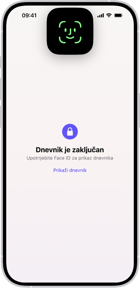 Zaslon u aplikaciji Dnevnik koji vas traži da Face ID-jem otključate svoj dnevnik.
