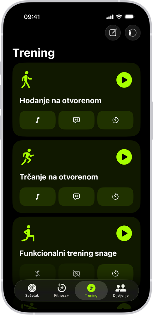 Zaslon treninga aplikacije Fitness prikazuje vrste treninga. Tipke za bilježenje treninga i spajanje monitora pulsa nalaze se pri vrhu zaslona.