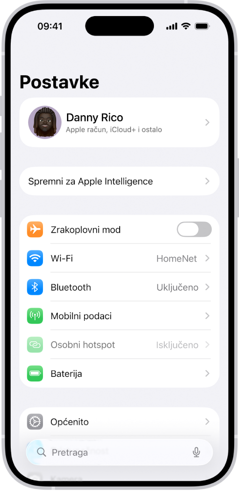 Zaslon Postavki s poljem za pretraživanje na vrhu i nekoliko postavki ispod, kao što su Wi-Fi, Obavijesti i Zvukovi i vibracije.