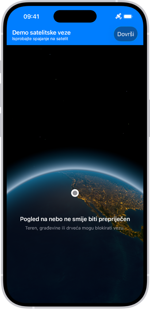Demo satelitske veze, dostupan u aplikaciji Postavke, pruža pregled onoga što vidite kad otvorite aplikaciju Poruke na iPhoneu 14 ili novijem i nemate pokrivenost mobilnim signalom.