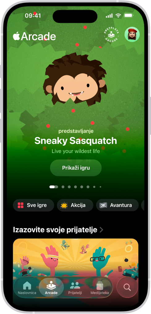 Aplikacija Apple Games prikazuje karticu Arcade na kojoj je istaknuta ilustracija za izdvojenu igru. Pri dnu zaslona nalaze se kartice za Naslovna stranica, Arcade, Prijatelji, Medijateka i Pretraga. Odabrana je kartica Arcade.