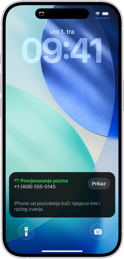 iPhone s obavijestima Provjere poziva prikazanim na zaključanom zaslonu. U obavijesti stoji da iPhone traži pozivatelja ime i razlog poziva.