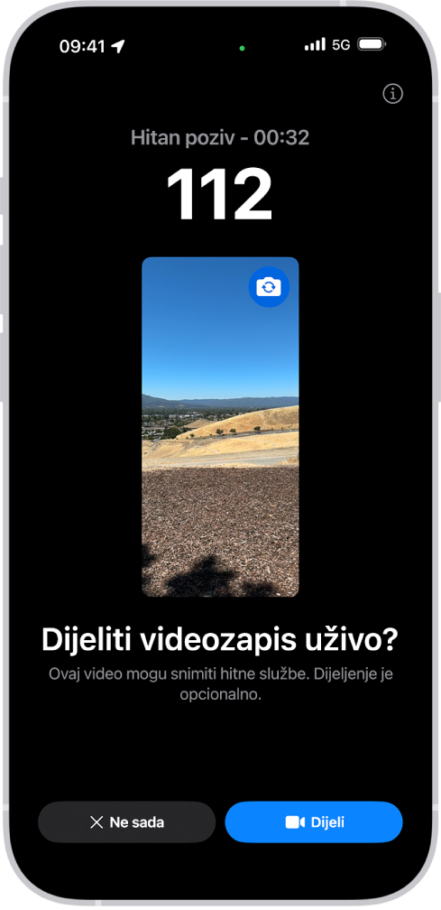 Zaslon videozapisa uživo tijekom hitnog poziva s uspostavljenim telefonskim pozivom na hitan broj 112 i pregledom videozapisa u sredini. Pri dnu se nalaze tipke Ne sad i Dijeli videozapis.