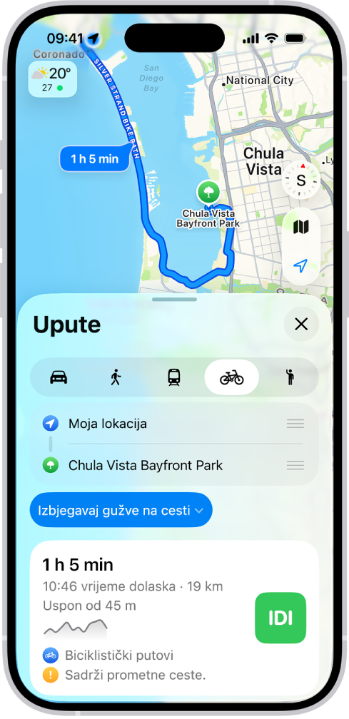 Karta prikazuje opcije biciklističke rute. Kartica rute na dnu sadrži detalje, uključujući procijenjeno vrijeme putovanja, promjene nadmorske visine i vrste cesta. Tipka Idi prikazuje se s desne strane detalja.