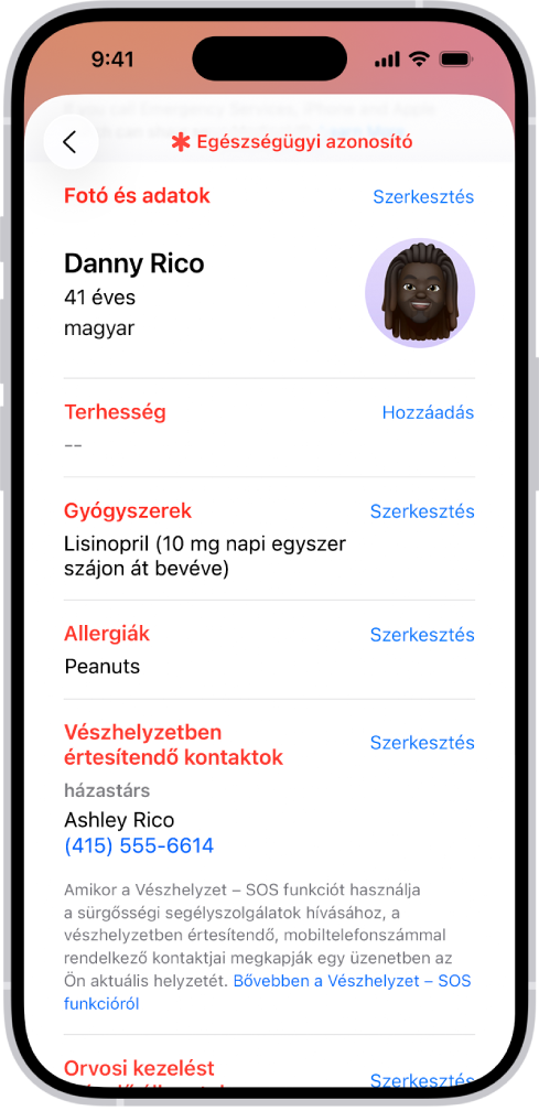 Az egészségügyi azonosító képernyője, amelyen különböző információk láthatók, például a születési dátum, a szedett gyógyszerek, az allergiák, a vészhelyzet esetén értesítendő kontaktok és az egészségi állapotok.