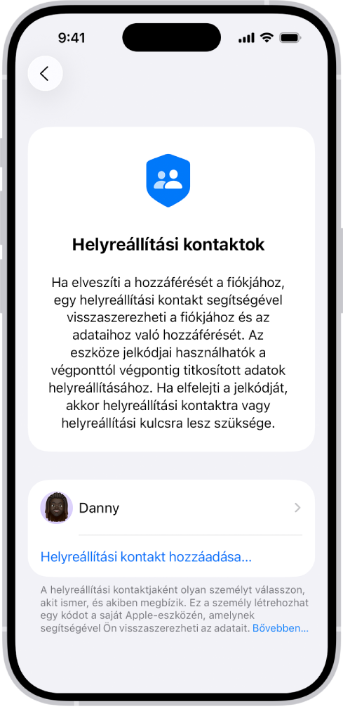 A Helyreállítási kontakt hozzáadása képernyő.
