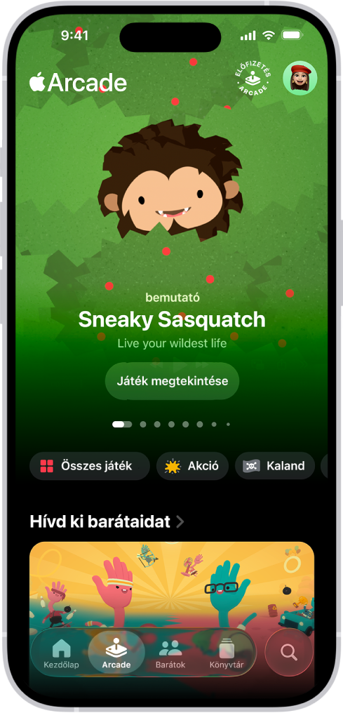Az Arcade lap az Apple Games appban, amelyen egy játék promóciós illusztrációja látható. A képernyő alján a következő lapok jelennek meg: Kezdőlap, Arcade, Barátok, Könyvtár és Keresés. Az Arcade lap van kiválasztva.