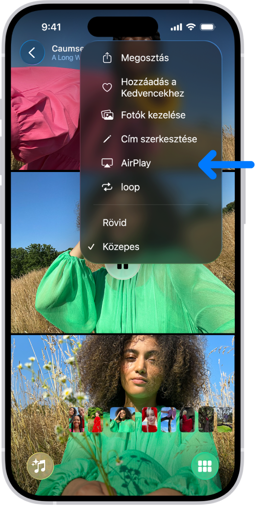Az iPhone képernyőjén egy diabemutató lejátszása van folyamatban a Fotók appban. A képernyő jobb felső sarkában egy felugró menü látható, amelyben kiválasztható az AirPlay.
