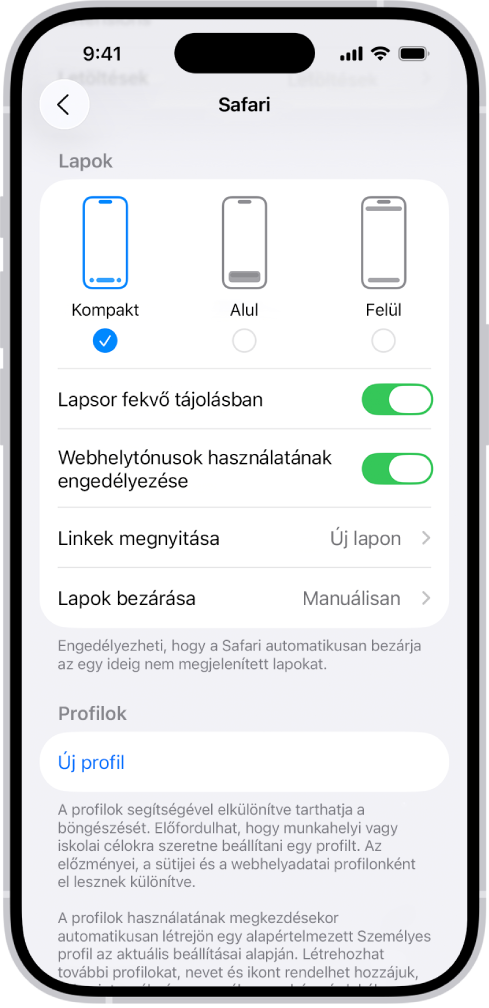 Egy képernyő három választható Safari-elrendezéssel, amelyek a következők: Kompakt, Alul és Felül.