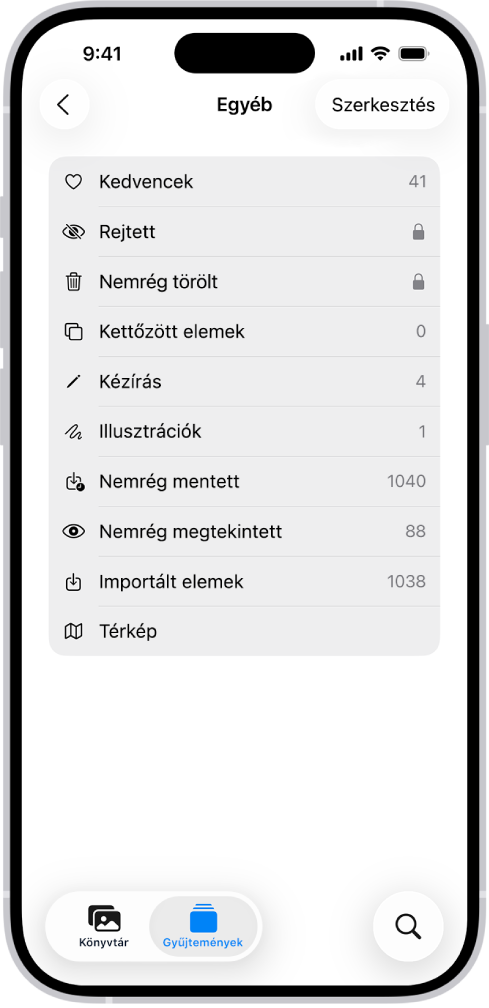 A Fotók appban meg van nyitva egy Egyéb gyűjtemény, és fotógyűjtemények listája látható.