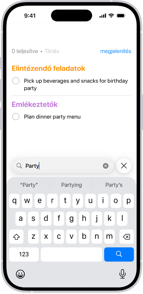 Az Emlékeztetők appban megjelenő keresési találatok a „parti” szót tartalmazó feladatokat jelenítik meg.