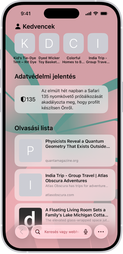 A nyitóoldal a Safariban, amely a kedvenc webhelyeket, az adatvédelmi jelentést és az olvasási listára elmentett webhelyeket jeleníti meg.