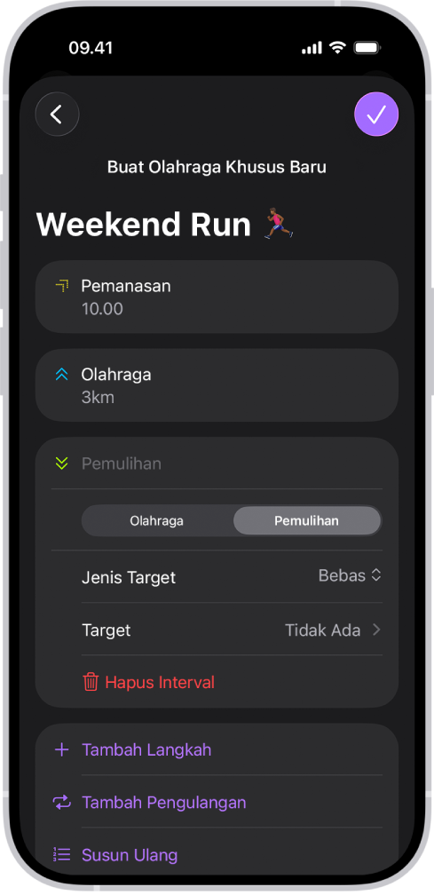 Layar Olahraga Khusus Kebugaran menampilkan interval pemanasan, latihan, dan pemulihan. Di bagian bawah layar terdapat tombol untuk menambahkan langkah, mengulangi interval, dan mengurutkan ulang interval.