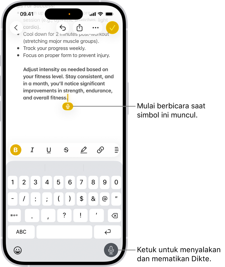 Papan ketik pada layar terbuka di app Mail. Tombol Dikte di pojok kanan bawah layar dipilih dan tombol Dikte muncul di bawah titik penyisipan di bidang teks.