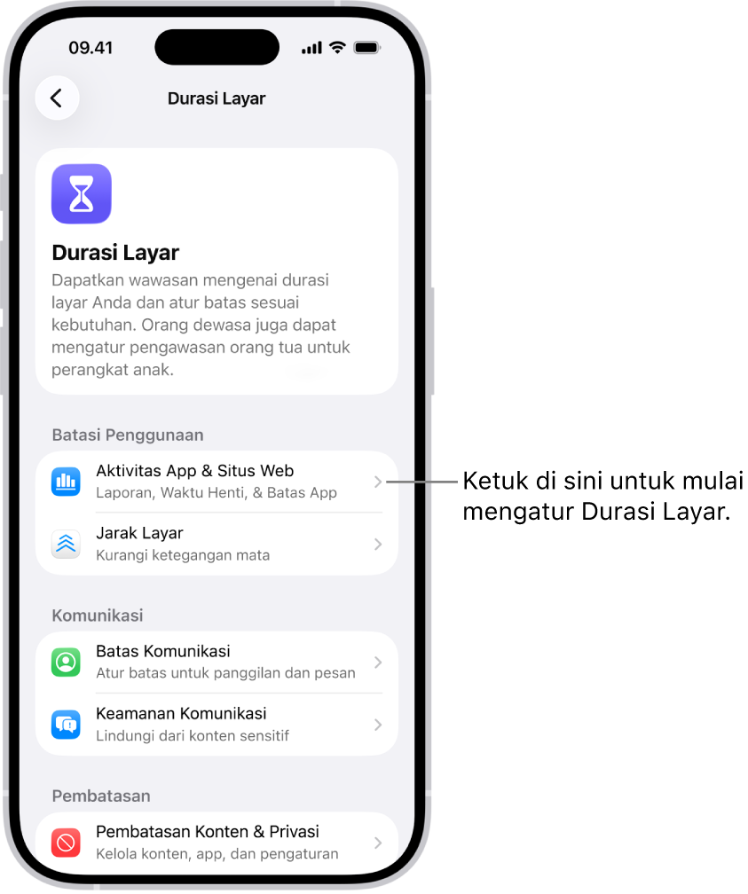 Layar untuk mengatur Durasi Layar, menunjukkan Anda mengetuk Aktivitas App & Situs Web untuk memulai.