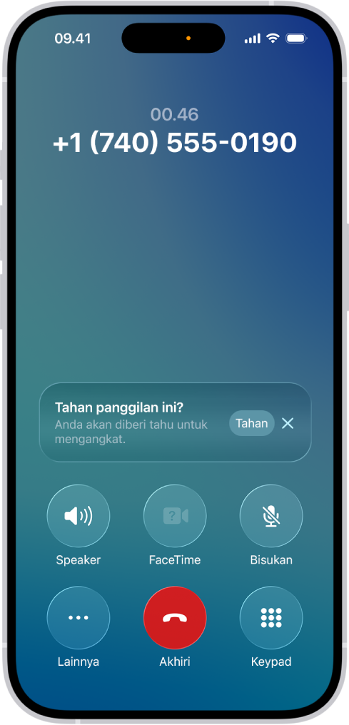 App Telepon menampilkan panggilan yang sedang berlangsung di layar iPhone. Di bagian tengah layar terdapat pemberitahuan yang bertanya apakah akan menahan panggilan dan memberikan pemberitahuan kapan untuk mengangkat. Dalam pemberitahuan terdapat tombol Tahan dan tombol Tutup.