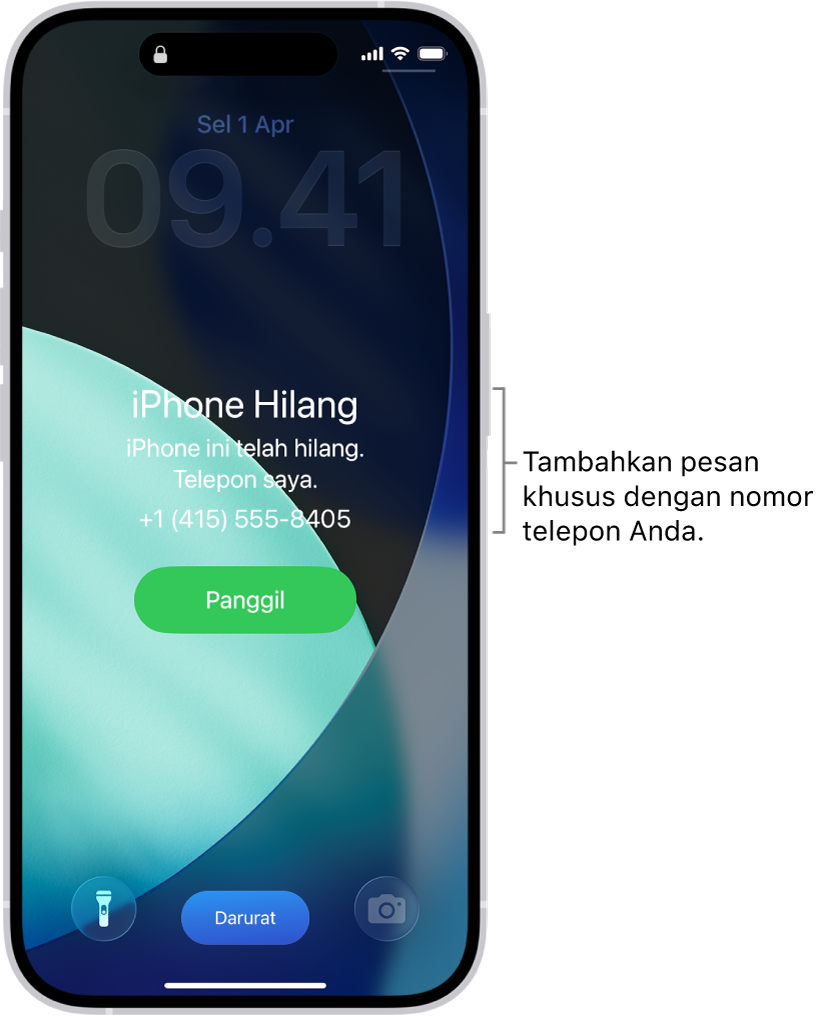 Layar Terkunci iPhone dengan pesan iPhone hilang. Anda dapat menambahkan pesan khusus dengan nomor telepon Anda.