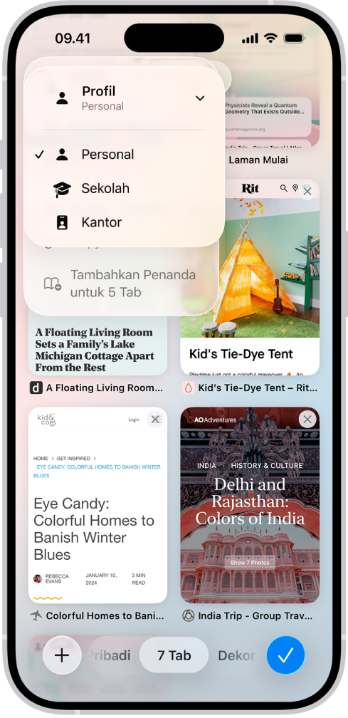 Layar iPhone, yang menampilkan tab yang sedang dibuka dan menu profil Pribadi, Sekolah, dan Kantor. Profil Pribadi dipilih.