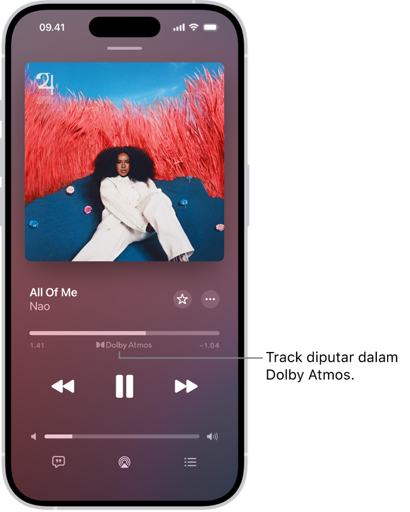 Layar Sedang Diputar menampilkan ikon Dolby Atmos untuk track yang sedang diputar.