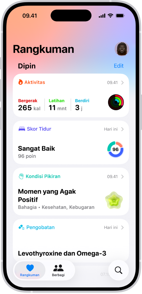 Layar Rangkuman di Kesehatan. Informasi mengenai aktivitas, skor tidur, kondisi pikiran, dan pengobatan muncul di bawah Dipin.