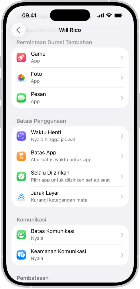 Layar untuk anak di grup Keluarga Berbagi, yang menampilkan bagian untuk Permintaan Durasi Tambahan.