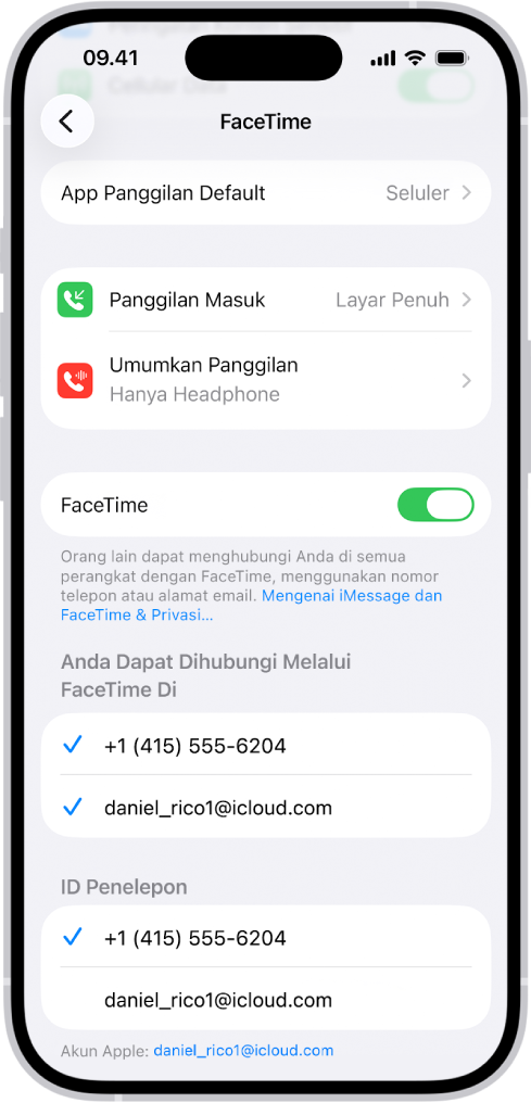 Layar Pengaturan FaceTime, menampilkan pilihan App Panggilan Default, kontrol untuk menyalakan atau mematikan FaceTime, serta nomor telepon dan alamat email yang dapat dihubungi.