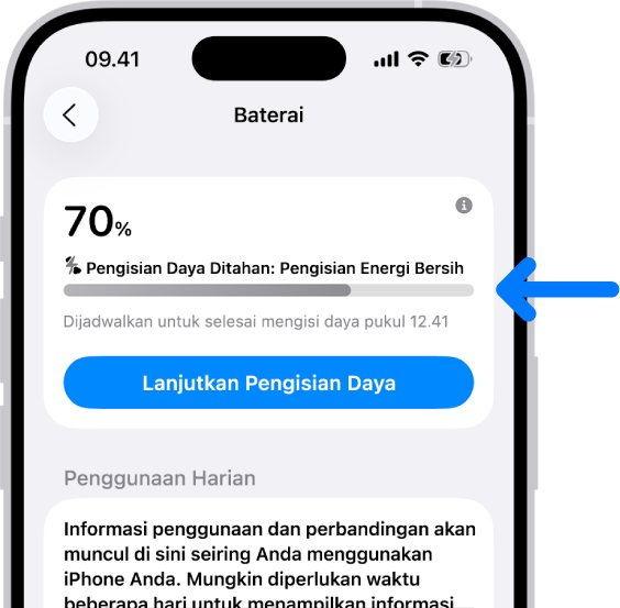 Kartu informasi pengisian daya di pengaturan Baterai iPhone. Kartu menampilkan baterai pada 70% dengan pesan “Pengisian Daya Ditahan: Pengisian Daya Energi Bersih”. Dijadwalkan untuk selesai pukul 12.41, dengan pilihan untuk “Lanjutkan Pengisian Daya”.