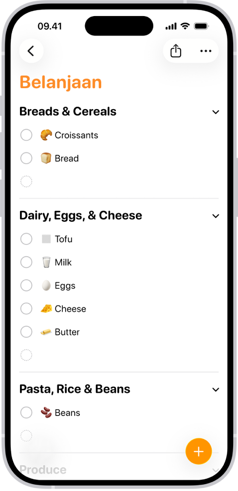 Daftar belanjaan di app Pengingat.