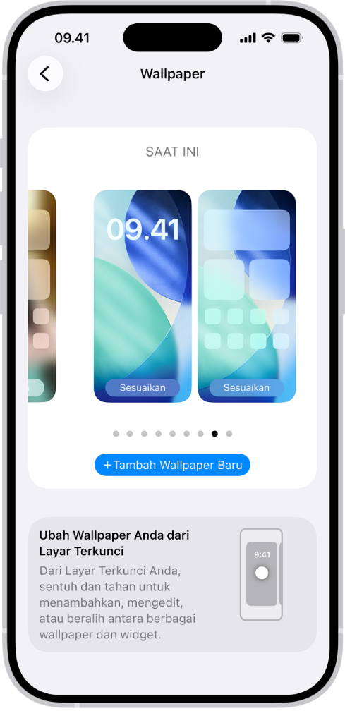 Layar Pengaturan Wallpaper, dengan tombol untuk menyesuaikan wallpaper saat ini di Layar Utama dan Layar Terkunci, serta tombol Tambah Wallpaper Baru untuk mengubah wallpaper.