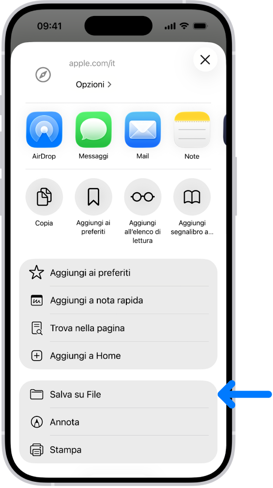 In Safari, una volta toccato il pulsante Condividi su un PDF, viene visualizzato un elenco di opzioni che include, tra le altre “Salva su File” in basso.
