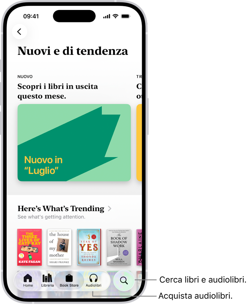 La schermata Book Store nell’app Libri. Nella parte inferiore dello schermo, da sinistra a destra, sono presenti le sezioni Home, Libreria, Book Store, Audiolibri e Cerca. Il pannello Book Store è selezionato.