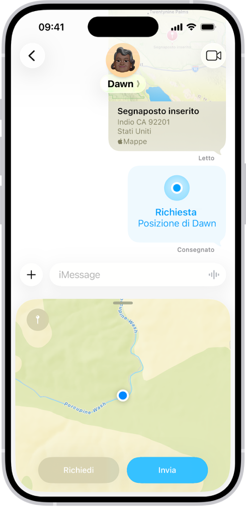 Una conversazione di Messaggi con un segnaposto inserito, una richiesta di posizione e una posizione che sta per essere inviata.