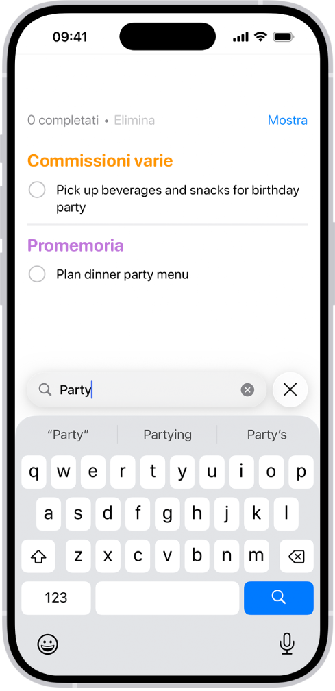 I risultati di ricerca nell’app Promemoria con le attività che includono la parola “party.”