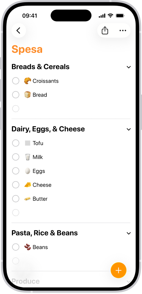 L’app Promemoria che mostra una lista della spesa con le voci suddivise per categorie come Verdura e Pesce.