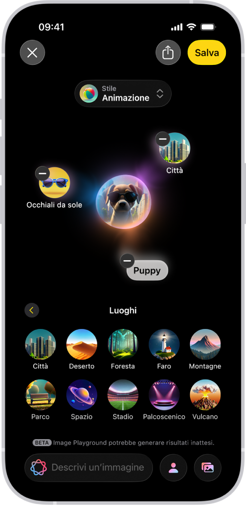 La finestra dell’app Image Playground che mostra l’immagine creata di un cane che indossa un paio di occhiali da sole.