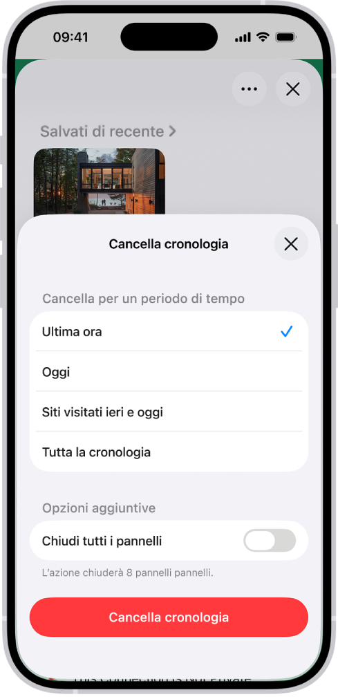 Il menu “Cancella cronologia” nell’app Safari. Sotto “Cancella per un periodo di tempo”, è selezionata l’opzione “Ultima ora”. Nella parte inferiore dello schermo è presente il pulsante “Cancella cronologia”.