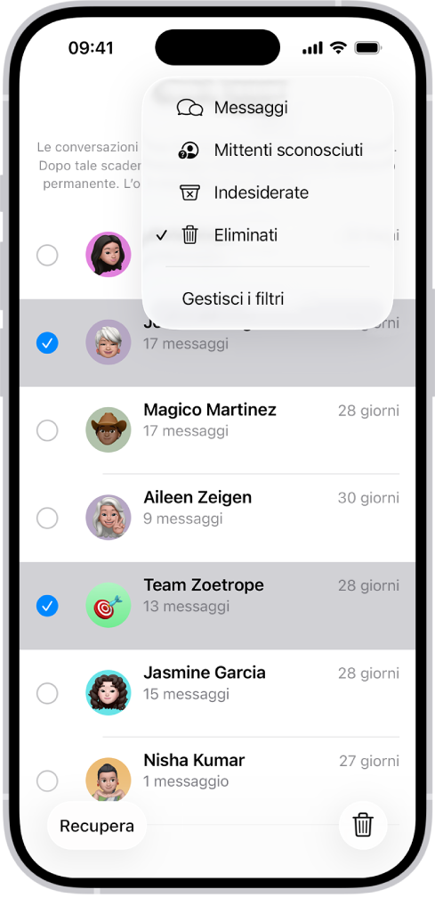 Un elenco di messaggi eliminati di recente con due conversazioni selezionate, e due opzioni disponibili nella parte inferiore della schermata: Recupera ed “Elimina in modo permanente”.