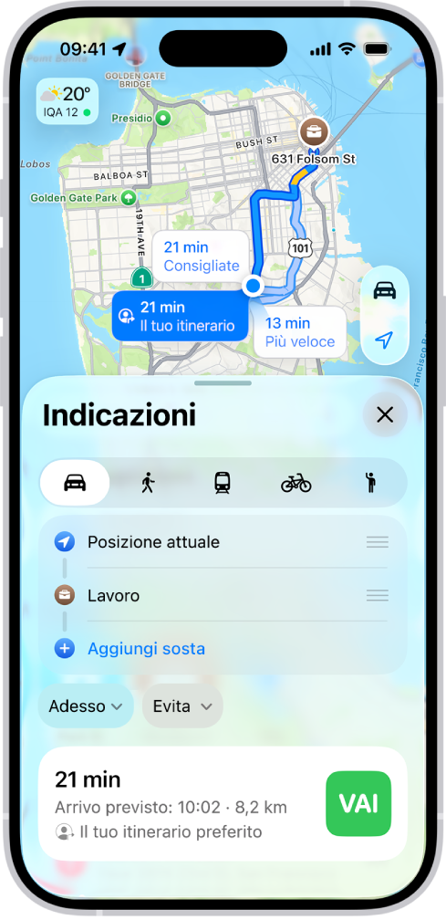 iPhone che mostra una mappa con varie opzioni di itinerari in auto verso la stessa destinazione. Ciascun itinerario mostra il tempo di percorrenza stimato, la distanza e un pulsante Vai per avviare le indicazioni passo passo. Le diverse colorazioni su ciascun itinerario indicano le condizioni del traffico.