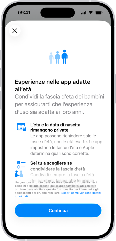 La schermata “Esperienze nelle app adatte all’età” in Impostazioni, che mostra come aiutare i bambini a ottenere esperienze nelle app adatte all’età condividendo la loro fascia di età.