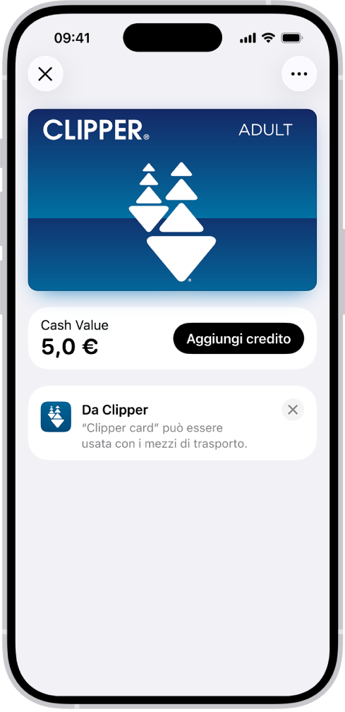 Una carta trasporti nell’app Wallet. Sotto la carta è visualizzato il saldo, accanto al pulsante “Aggiungi credito”.
