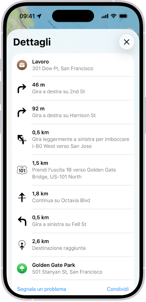 Le indicazioni passo a passo di un itinerario mostrate in un elenco.