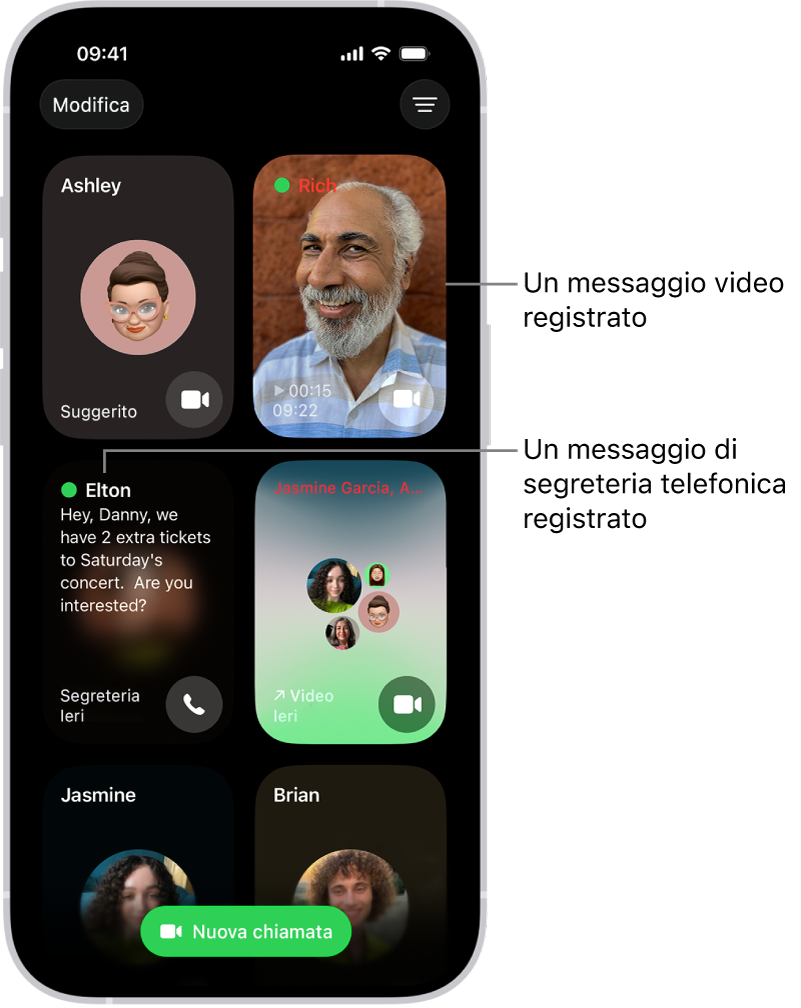 Nella cronologia delle chiamate FaceTime, viene mostrato un contatto suggerito, un videomessaggio registrato, un messaggio in segretaria e una videochiamata di gruppo FaceTime.
